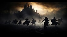 Warriors In Medieval Battle Scene Fighting In Silhouette Against A Foggy Background With Castle