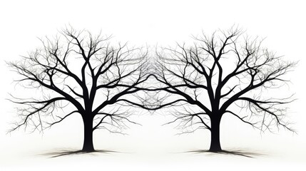 Photo of black twin trees with no leaves against a white backdrop. silhouette concept