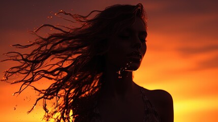 Poster - Girl s silhouette at sunset with abstractly wet hair