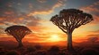 Sunrise in Namibia southern Africa with quiver trees silhouette at dawn clouds