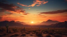 Vibrant Desert Skies At Sunrise With Cactus And Mountains In The Backdrop. Silhouette Concept