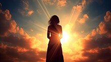 Woman Praying With Sky Backdrop. Silhouette Concept