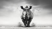 Black And White Animal Poster Featuring A Black Rhinoceros In The Namibian Desert Dramatic Scene And Design. Silhouette Concept