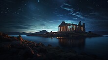 Poseidon S Temple Under A Night Sky Filled With Stars. Silhouette Concept