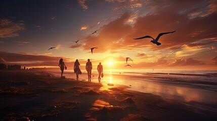 Wall Mural - People on the Baltic seashore watching seagulls at sunset. silhouette concept