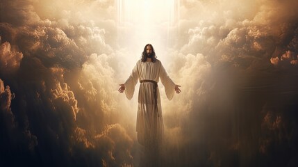 Poster - Ascension of Jesus in clouds Second coming Christian Easter Faith Christianity. silhouette concept