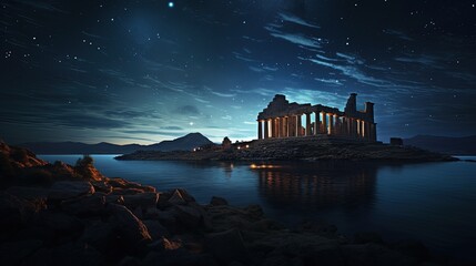 Poseidon s temple under a night sky filled with stars. silhouette concept