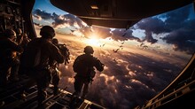 Army Soldiers And Paratroopers Descending From An Air Force C 130 During An Airborne Operation. Silhouette Concept