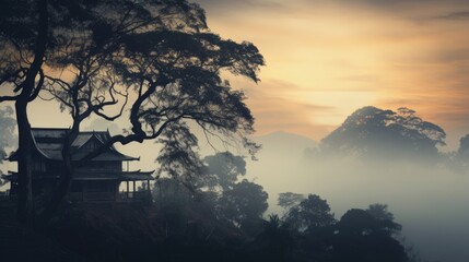 Wall Mural - Vintage appearance of Thai hill Khao Krachom displaying fog trees and house. silhouette concept
