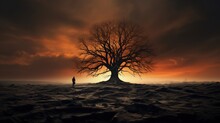 The Bare Spooky Tree Stands Alone In Eerie Silence. Silhouette Concept