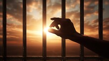 Seeking Freedom Hand Grips Prison Bars. Silhouette Concept