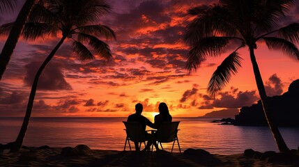 Canvas Print - Romantic couple on a beach under palm trees during sunset. silhouette concept