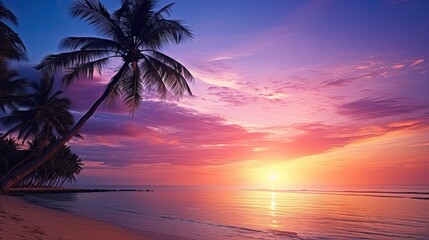 Poster - Gorgeous tropical sunset over beach with palm tree silhouettes Perfect for summer travel and vacation