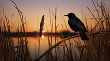 Blackbird On A Cattail Shadow. Silhouette Concept