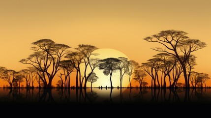 Fototapete - Shapes of trees and plants contrasting with the sun s descent. silhouette concept