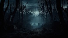 Eerie Forest With Sinister Trees Along A Dim Path On A Winter S Night. Silhouette Concept