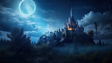 Beautiful Castle Under Moonlit Sky In Fairy Tale. Silhouette Concept