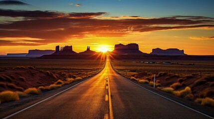 Sunrise on scenic road heading to Monument Valley Park in Utah. silhouette concept