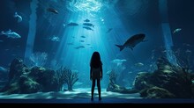 Girl Having Fun Exploring Aquatic Life At The Aquarium. Silhouette Concept