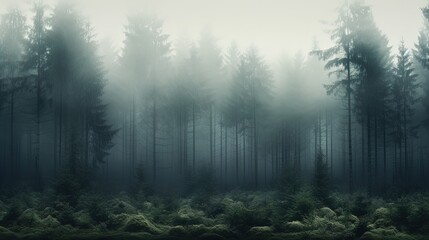Wall Mural - Fog covering snowy forest. silhouette concept