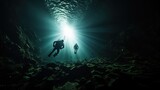 Divers investigating a tunnel. silhouette concept