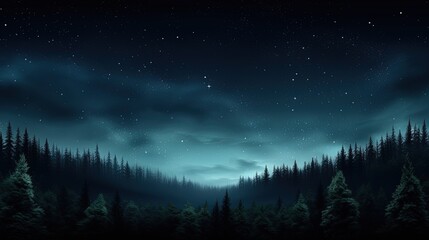 Wall Mural - star filled night forest landscape with pine trees and dark sky. silhouette concept
