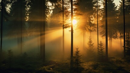 Wall Mural - Misty summer morning sun rising in a forest. silhouette concept