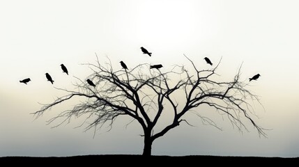 Wall Mural - Crows perched on solitary silhouette of a tree