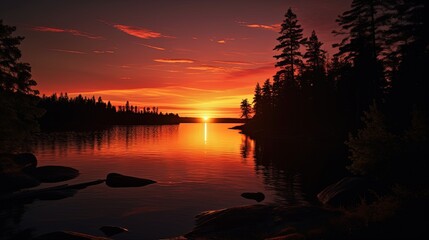 Poster - Silhouette of trees in front of a Canadian lake at twilight with a glowing sunset