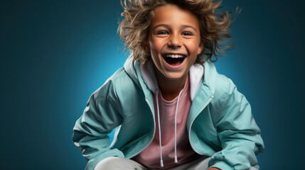 Young boy with green jacket laughing and jumping in front of a blue coloured background , Commercial style, Generative AI