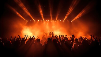 Crowd at a concert claps while musicians perform onstage illuminated by spotlight with dancing people. silhouette concept