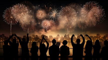 Poster - People watching fireworks and marking the new year. silhouette concept