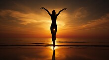 Female Gymnast S Shadow In Beach Sunset. Silhouette Concept