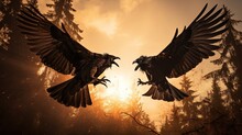 Crows Battling In The Sky. Silhouette Concept
