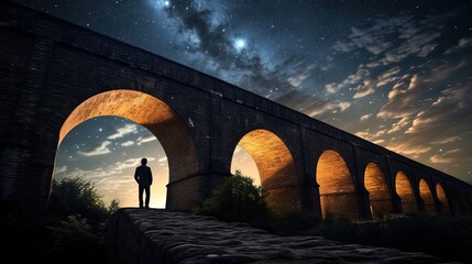 Wall Mural - a person s outline on an ancient bridge against a starry sky and milky way. silhouette concept