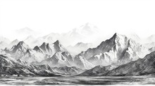 Black And White Hand Drawn Pencil Sketch Of A Mountain Landscape With Rocky Peaks In A Graphic Style On A White Background. Silhouette Concept