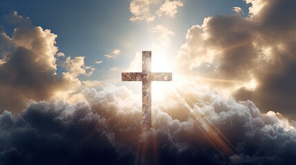 Poster - A miraculous event occurred in the sky with fluffy clouds forming a cross. silhouette concept