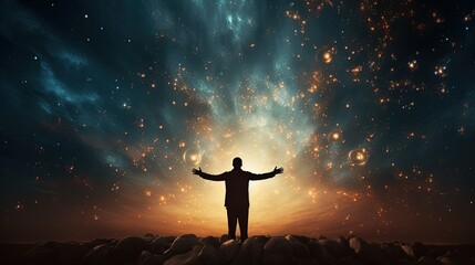 Wall Mural - Man triumphantly standing before the vast expanse of the cosmos. silhouette concept
