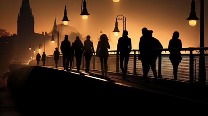 Canvas Print - Pedestrians on Freiburg bridge cast shadows. silhouette concept