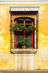 Wall Mural - Balcony adorned with geranium flowers in a colonial house in La Antigua Guatemala