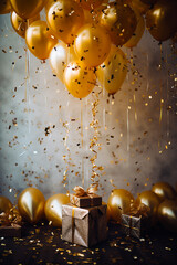 gold balloons and confetti celebration bokeh vertical background , holidays, New Years Eve, gifts and lights bright happy party energy golden glitter hues glowing