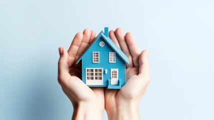 Blue house in human hands. Insurance concept created with Generative AI