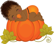 Vector Cute Little African American Baby Boy Wearing Orange Diaper Sleeping On Pumpkin
