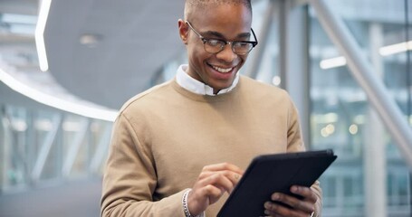 Technology, walking and black man research in office, hotel lobby or airport in creative business. Happy, tablet and professional designer travel on social media, networking and typing startup email