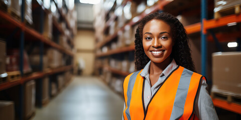 African Woman in orange vest in logistics center, horizontal banner. Smiling portrait, copy space, job offer. 