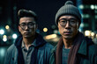 © Sebastian - A photograph of two Asian individuals wearing glasses against the backdrop of a city skyline at night. Generative AI, AI.