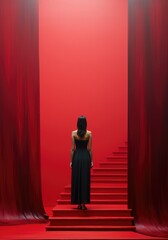 Canvas Print - A woman in a black dress standing on a red stage. Generative AI image.