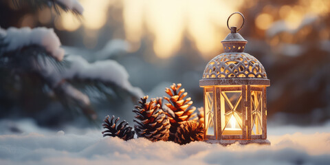 Christmas Lantern On Snow With Fir Branch in the Sunlight. Winter Decoration Background Horizontal wallpaper with copy space. 