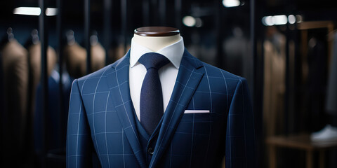 Wall Mural - Men shirt in form of suits in dark navy blue colors on mannequin in tailoring room. Luxury banner for an expensive men's clothing and office suits store. 