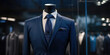 © dinastya - Men shirt in form of suits in dark navy blue colors on mannequin in tailoring room. Luxury banner for an expensive men's clothing and office suits store.